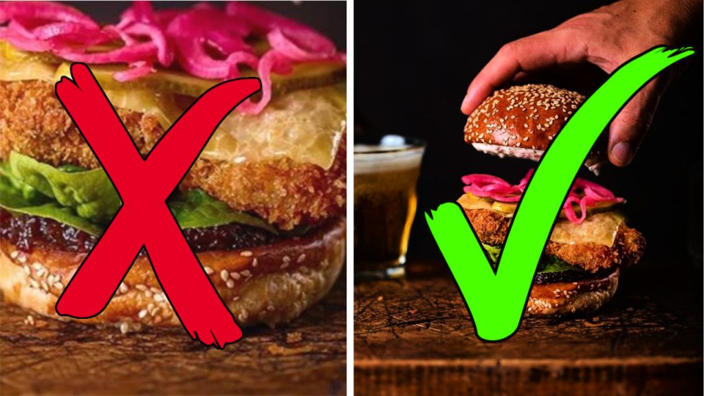 Close up of a burger with red x and zoomed out of burger with green tick